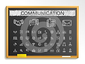 Communication hand drawing line icons. chalk sketch sign illustration on blackboard