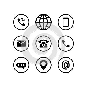 Communication icon set in black. Call, browser, phone, message, location and email sign. Vector EPS 10. Isolated on white