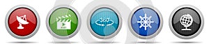 Communication icons, miscellaneous buttons such as satellite antenna, cinema, 360 degree, ship wheel and globe, circle glossy web