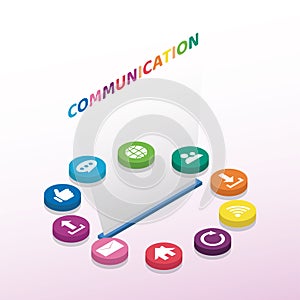 Communication isometric concept. The word communication with colorful dialog speech bubbles. Vector illustration