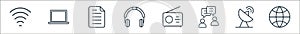 communication line icons. linear set. quality vector line set such as global, satellite dish, conversation, radio, headphone,