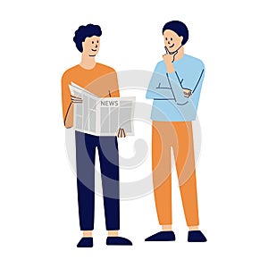 Communication, mass media concept. Modern vector illustration in flat style isolated on white. People read news. Two men