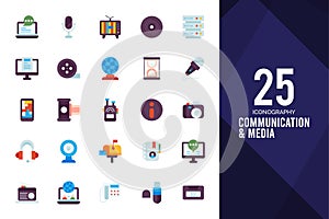 25 Communication And Media Flat icon pack. vector illustration