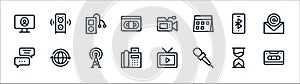 Communication and media line icons. linear set. quality vector line set such as cassette, microphone, fax, chat box, tooth, music