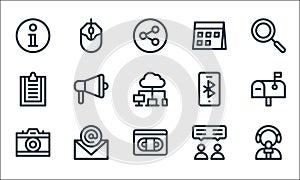 Communication and media line icons. linear set. quality vector line set such as news reporter, vhs, camera, consultant, email,