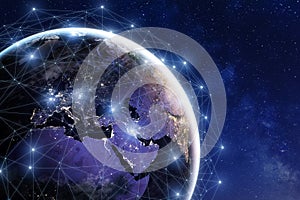 Communication network around Earth, worldwide international connections, finance, internet, IoT