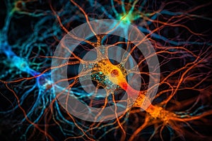 Communication between neurons via synapses. The neurons are shown as vibrant colorful cells with dendrites extending outwards. Ai