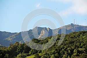 Communication relays and antennas on the mountain crest. Meteorological stations