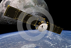 Orbiting High Tech Communication Space Satellite Telecommunication Industry Circuit Connectivity Digital Binary Technology  photo