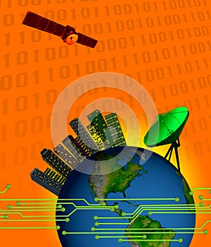 Global Communications Technology Cyberspace Orbiting Satellite Electronic Binary Network Globalization Cyber City Connectivity