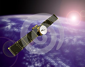 Orbiting High Tech Space  Communication Satellite Telecommunication Industry Circuit Connectivity Digital Binary Technology