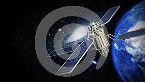 Communication satellite in Earth\'s orbit. 3D illustration