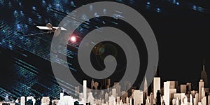 Communication satellite floating in the sky Below is the big city binary code signals Satellite transmission 3d illustration