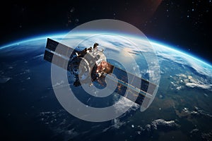 Communication satellite gracefully orbiting Earth, tirelessly connecting the world. Ai generated