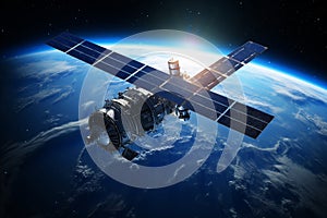 Communication satellite gracefully orbiting Earth, tirelessly connecting the world. Ai generated