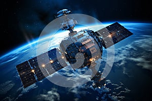 Communication satellite gracefully orbiting Earth, tirelessly connecting the world. Ai generated