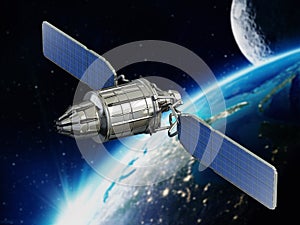 Communication satellite orbiting earth. 3D illustration