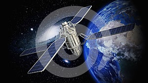 Communication satellite orbiting earth. 3D illustration