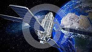 Communication satellite orbiting earth. 3D illustration