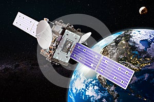 Communication satellite orbiting earth, 3D rendering