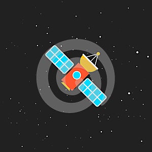 Communication satellite with solar panels. Flat vector illustration