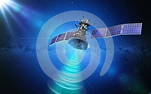 Communication satellite transmitting a signal in space. 3d rendering photo