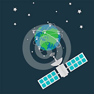 Communication satellites in orbit earth,Digital terrestrial broadcasting antenna spin around the world.vector illustration