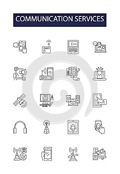 Communication services line vector icons and signs. Telephony, Messaging, Email, Video, Network, Instant, Data