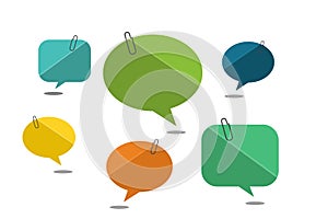 Communication, social media concept. Multi gradient color speech bubble with black paper clip on white background