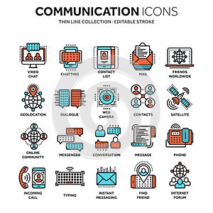 Communication. Social media Online chatting Phone call, app messenger. Mobile,smartphone. Computing, Email. Thin line