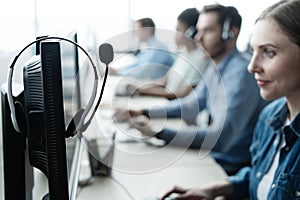 Communication support, call center and customer service help desk at modern office.