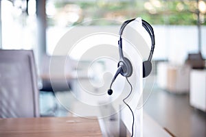 Communication support, call center and customer service help desk. VOIP headset for customer service support call center concept