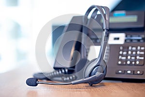 Communication support, call center and customer service help desk. VOIP headset for customer service support call center concept
