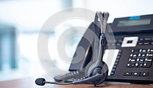 Communication support, call center and customer service help desk. VOIP headset for customer service support call center concept