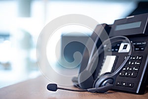 Communication support, call center and customer service help desk. VOIP headset for customer service support call center concept