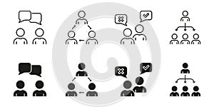 Communication And Teamwork Line And Solid Icon Set. Collaboration, Decision-Making, And Leadership Symbol Collection