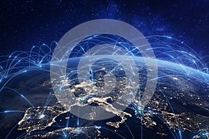 Communication technology with global internet network connected in Europe. Telecommunication and data transfer european connection