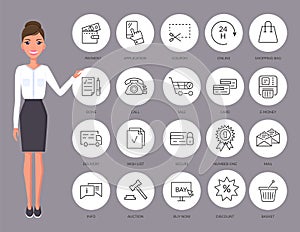 Communication thin line icons. Businesswoman with set of contact and payment icons illustration