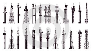 Communication tower antenna. Broadcast technology TV, radio signal station. Wireless cellular tower vector illustration
