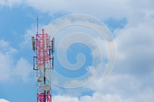 Communication Tower with antenna and satellite dish telecom network on blue sky background.