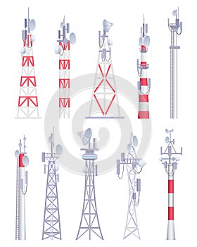 Communication tower. Cellular broadcasting tv wireless radio antena satellite construction vector pictures in cartoon