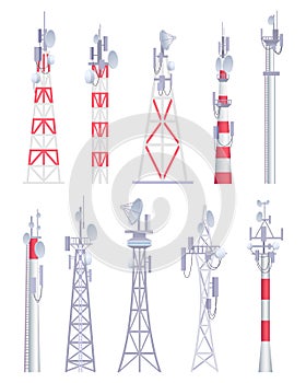 Communication tower. Cellular broadcasting tv wireless radio antena satellite construction vector pictures in cartoon photo