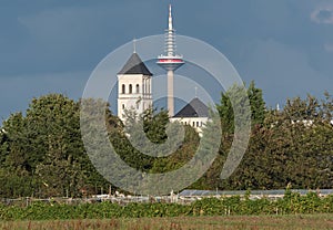 The communication tower, Tower of Europe or Europaturm in Frankfurt, Germany photo