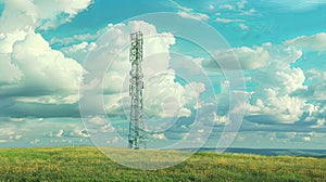 Communication tower in green sunny meadow