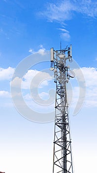 Communication tower network antenna for cellular telephone with blue cloudy sky