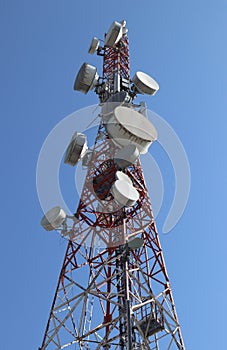 Communication tower. Telco Trellis for 3G 4G 5G Apocalypse Internet Communication, mobile, FM Radio and Television Broadcasting On