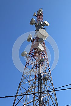 Communication tower. Telco Trellis for 3G 4G 5G Apocalypse Internet Communication, mobile, FM Radio and Television Broadcasting On