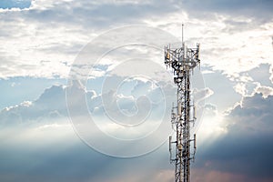 Communication tower top. Radio antenna Tower , microwave antenna tower on light sky background. wireless technology concept. commu