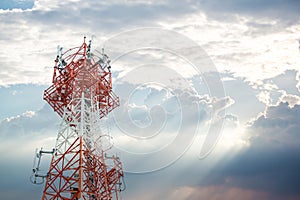 Communication tower top. Radio antenna Tower , microwave antenna tower on light sky background. wireless technology concept. commu