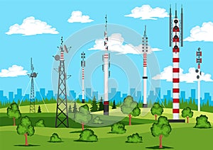 Communication towers on nature landscape. Wireless antennas cellular wifi radio station broadcasting internet channel